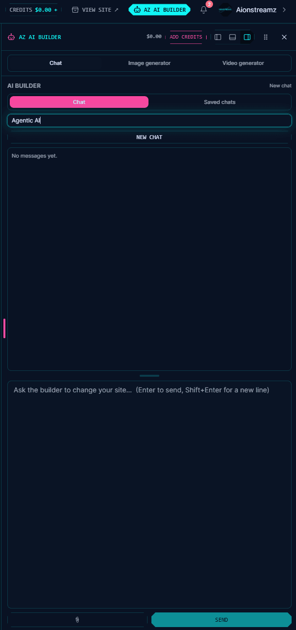 The real AlphaZero AI Builder rail with chat, saved chats, image generator, video generator, and the prompt used to change the site