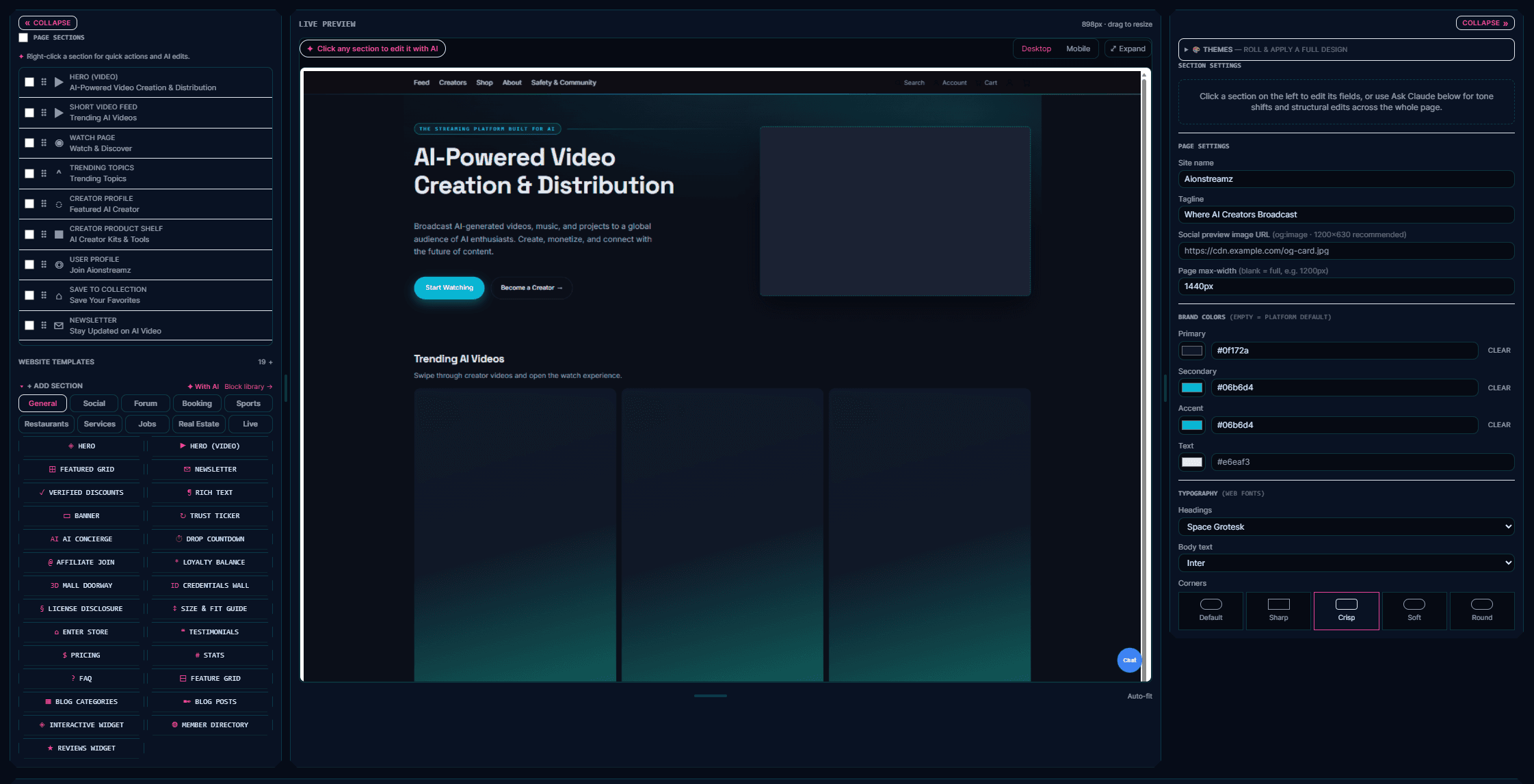The real AlphaZero Studio with page sections and templates on the left, a live website preview in the center, and theme, color, typography, and layout settings on the right