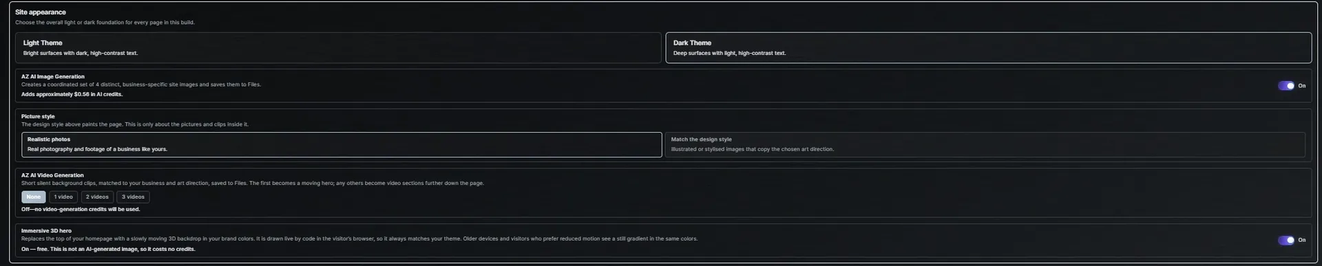 AlphaZero AI build settings for light or dark appearance, image style, video generation, and an immersive 3D hero
