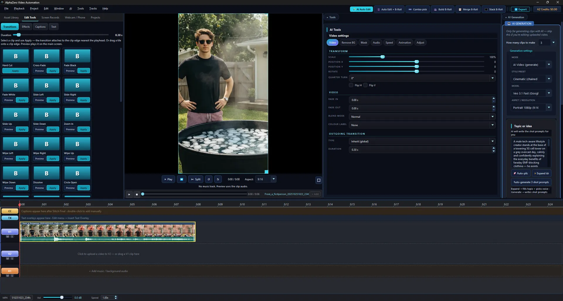 The real AlphaZero Video Automation editor showing transitions, AI Auto Edit and B-roll tools, AI generation controls, a vertical video preview, and a multitrack timeline